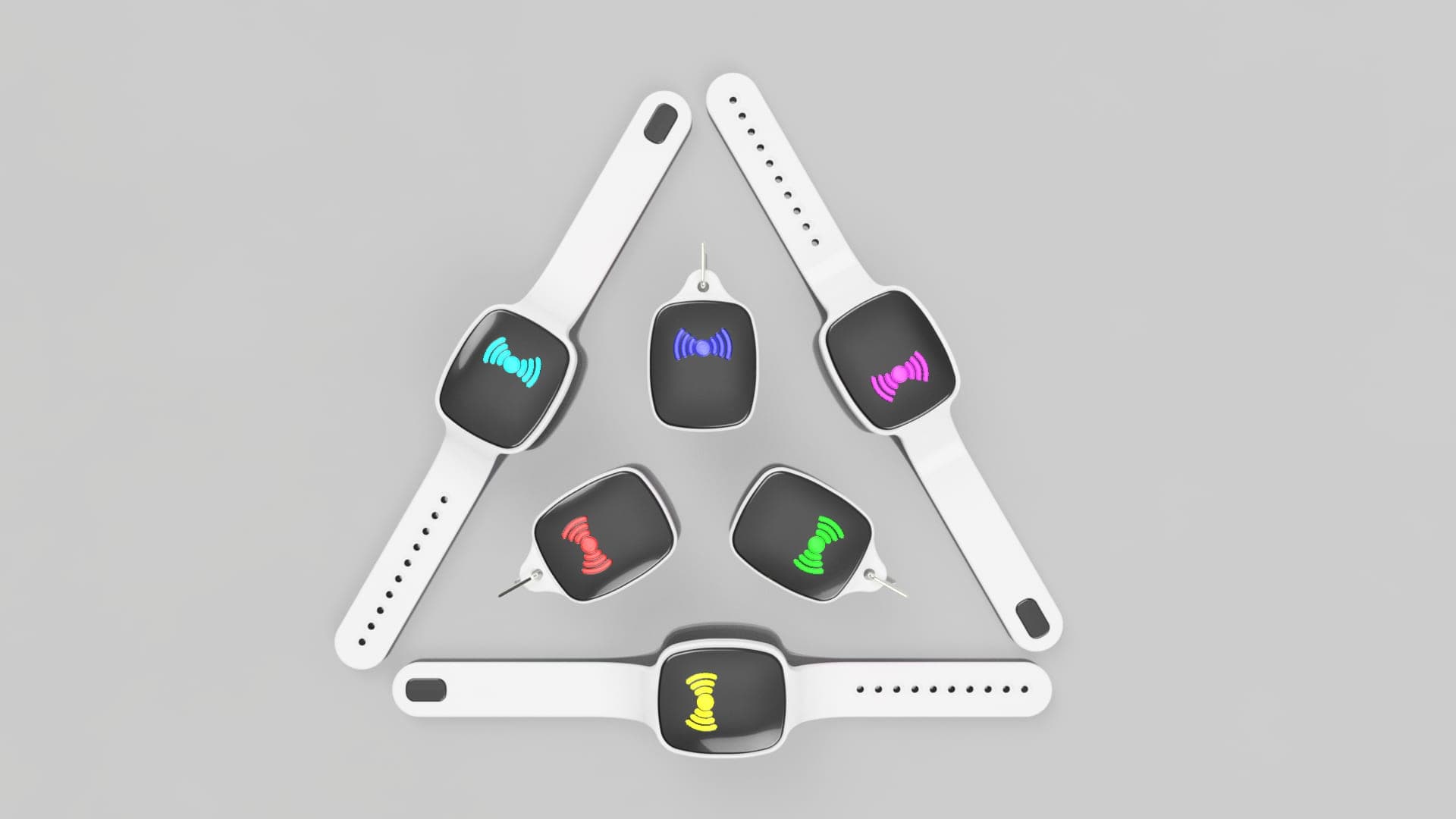 Infiniuum wearable trackers and smartwatches arranged around a keychain trio