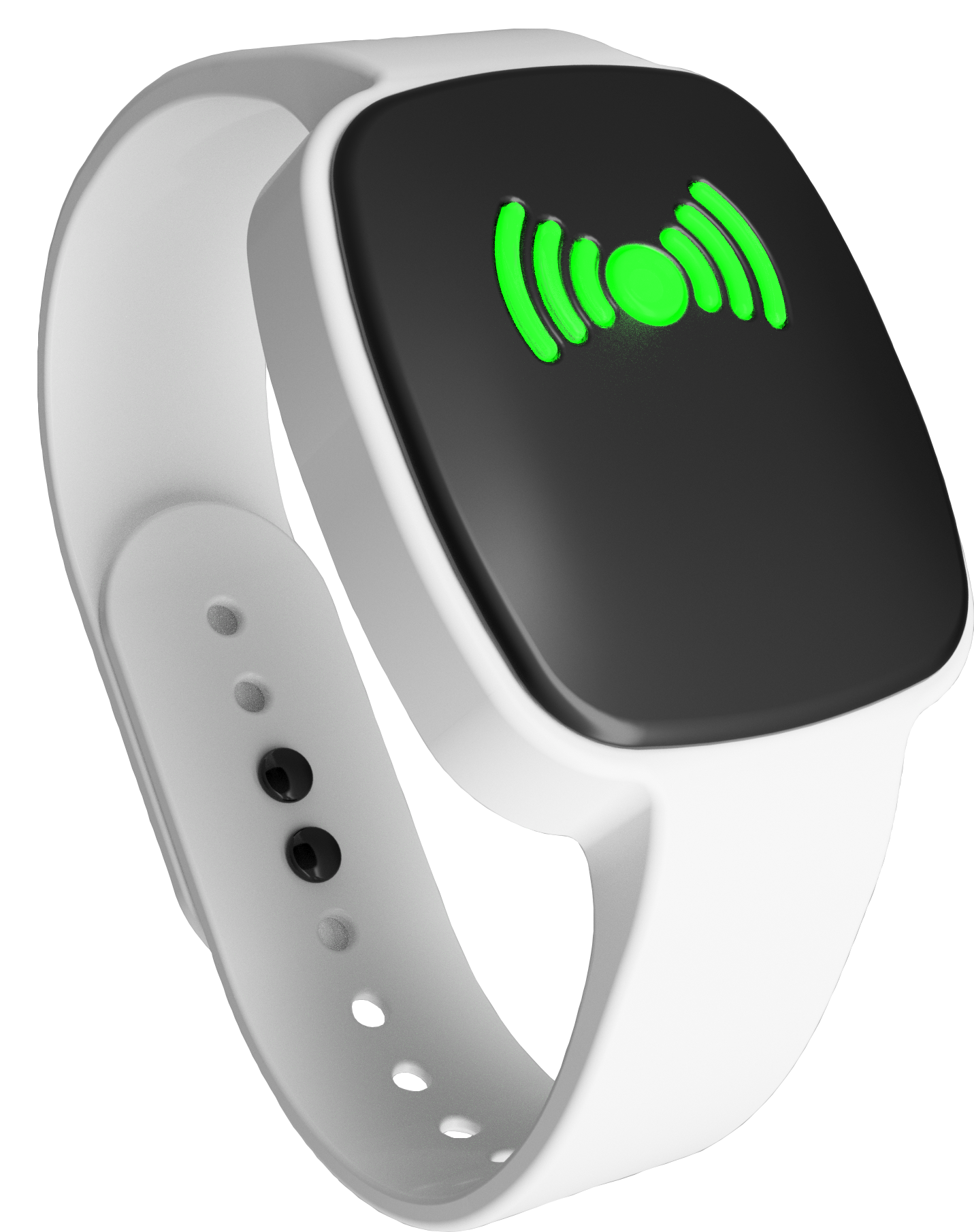 A front-side image of the wearable alert device with a white wristband and a black touchscreen-like face displaying a glowing green wireless signal icon, indicating an active state or connectivity function.